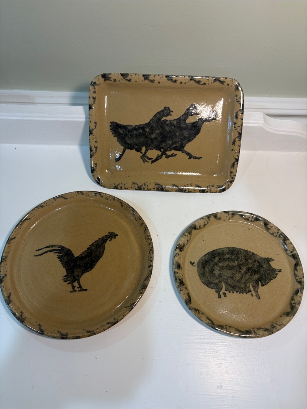 Rustic Farm Animal Handmade Artisanal Pottery Set - Signed "GAIL" - 3 Pieces